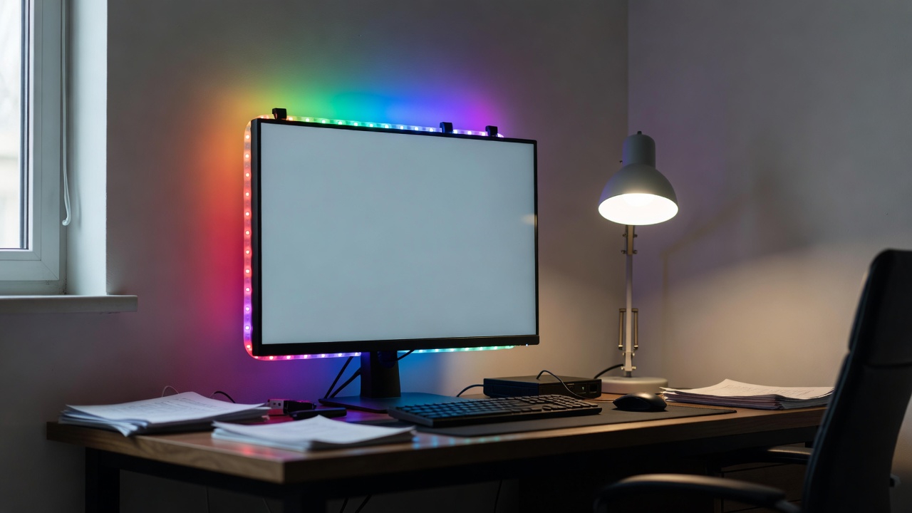 text: Home office desk with bias LED strip lighting behind monitor and adjustable daylight desk lamp positioned to the side of the screen Caption.