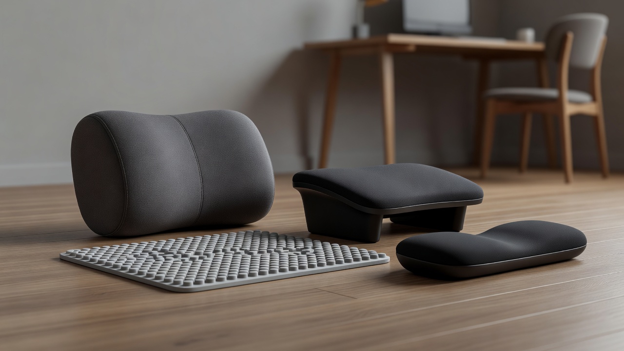 Collection of ergonomic home office accessories including lumbar pillow footrest anti-fatigue mat and wrist rest.