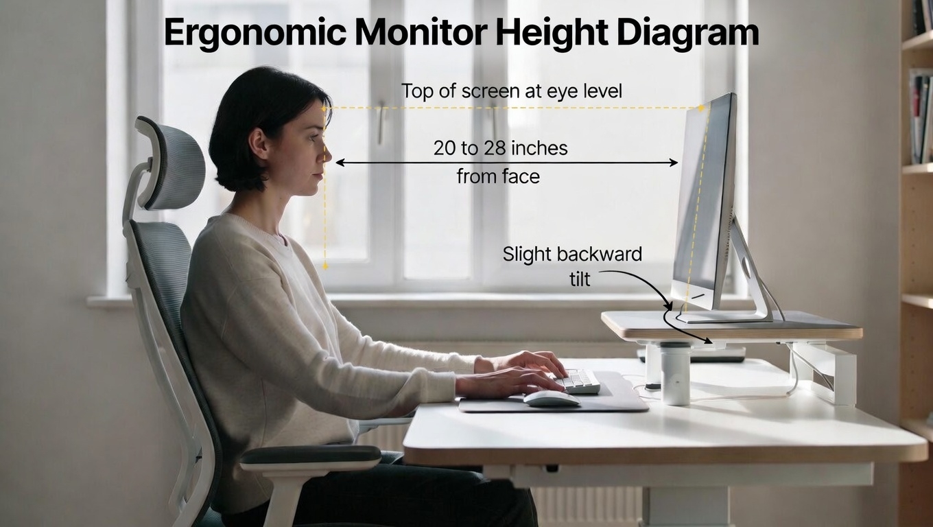 Ergonomic monitor height diagram showing top of screen at eye level 20 to 28 inches from face with slight backward tilt.